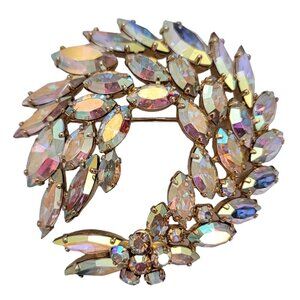 Sherman Gold Tone AB Rhinestone Swag Round Brooch, Signed E819